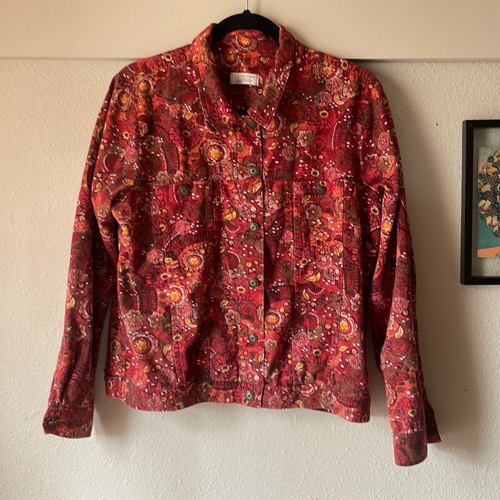 Vintage 100% cotton red floral button down lightweight jacket